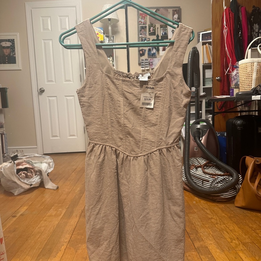 Tan Sleeveless Midi Sundress with Square Neck
